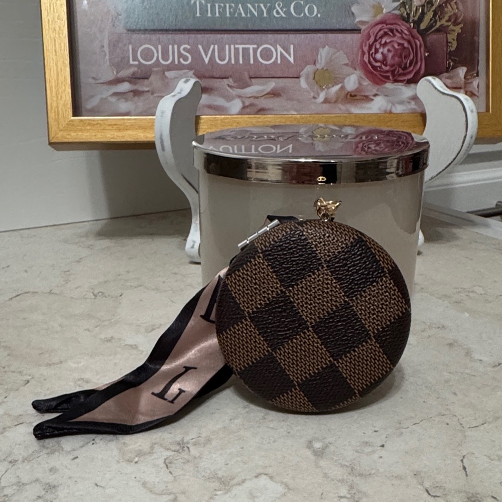 Vegan leather brown checkered mirror compact keychain/bag charm